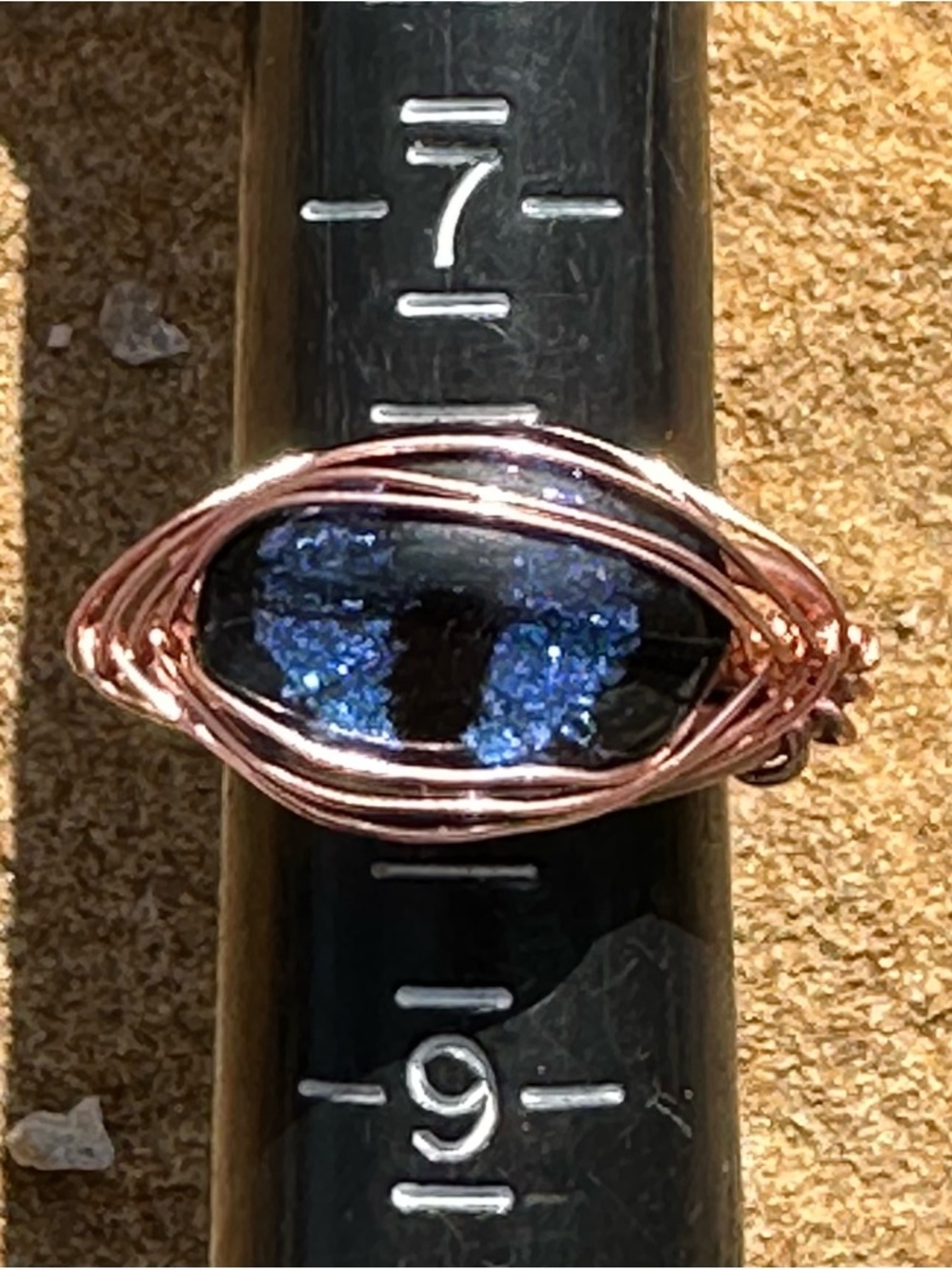 Renaissance  copper wire wrapped one of a kind dragon eye Blue Glass Ring